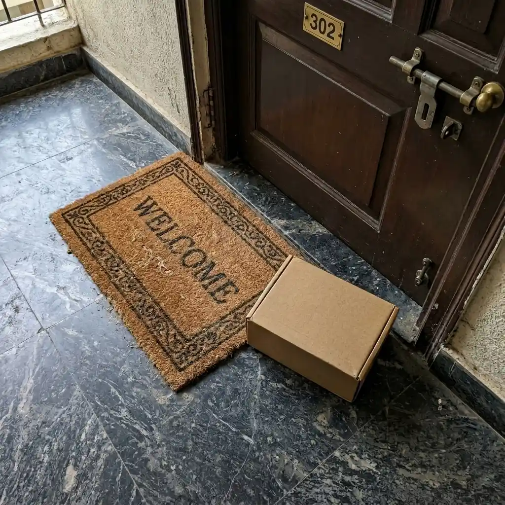Delivery person placing a branded sample package at a consumer's doorstep
